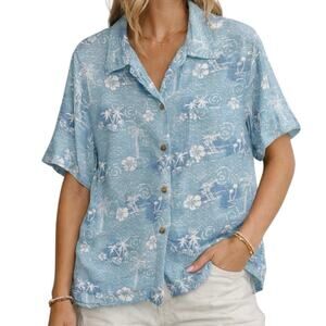 Columbia Light Blue Hawaiian Button Up Shirt Medium Tropical Palm Print